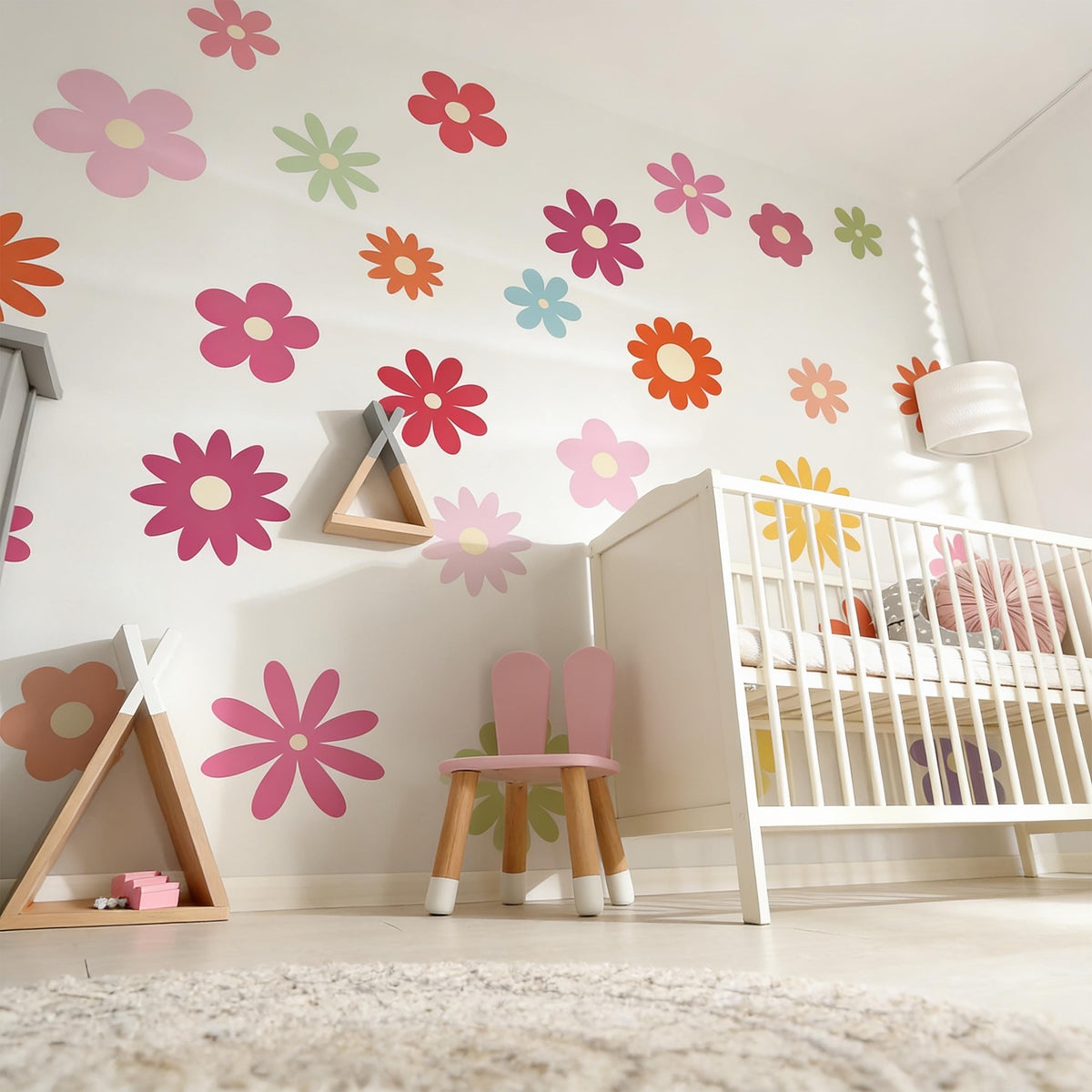 Colorful Flower Wall Decals arranged on a feature wall