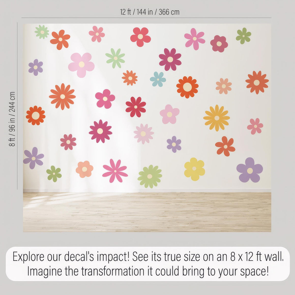 Colorful Flower Wall Decals size reference on a wall