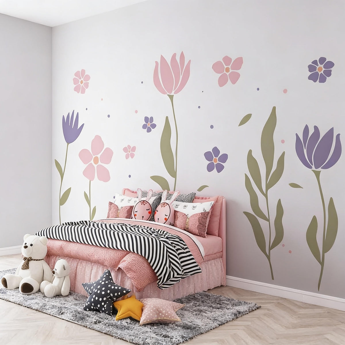 Pastel Flower Wall Decals arranged on a feature wall