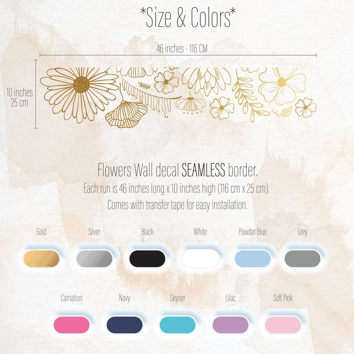 Color and size reference for Floral Wall Decal Border