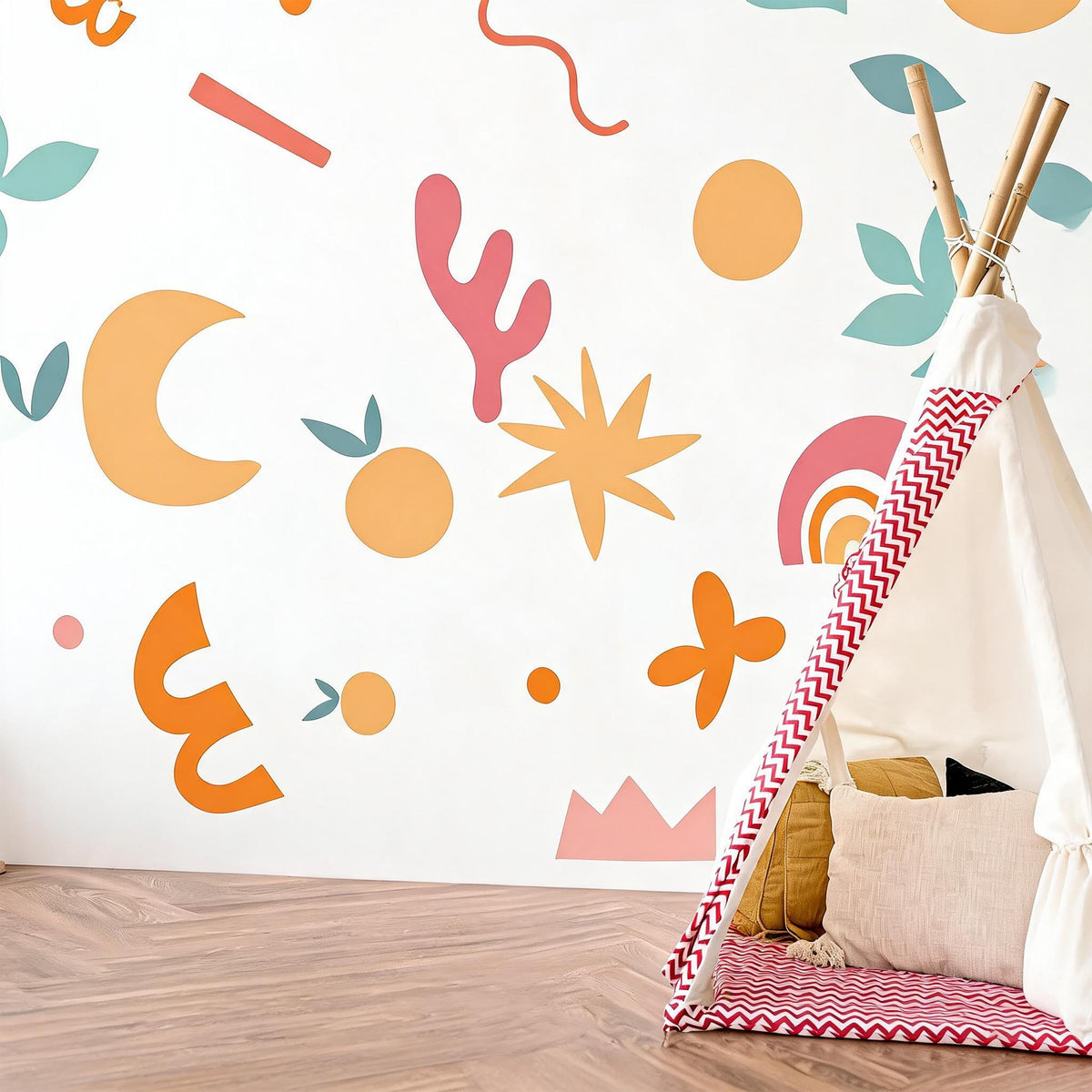Boho Abstract Wall Decals arranged on a feature wall