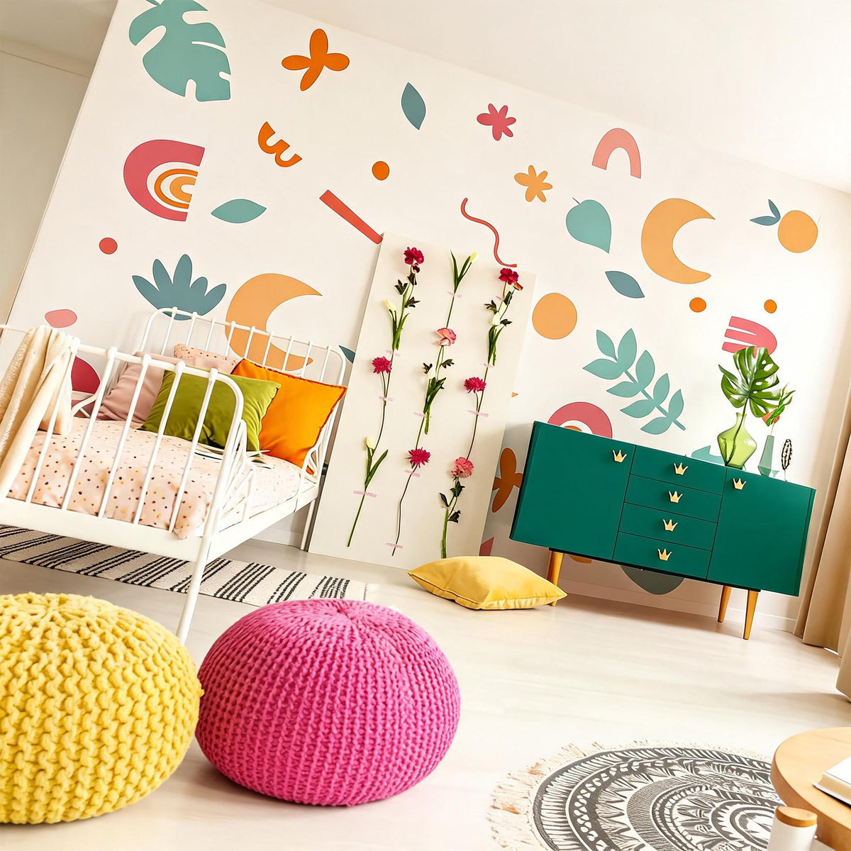Boho Abstract Wall Decals displayed in a styled space