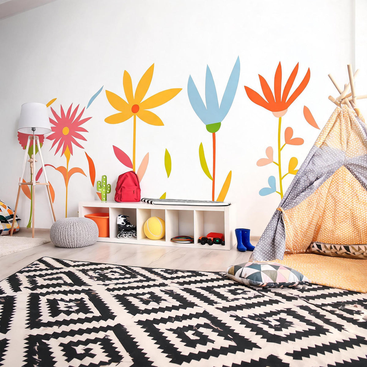 Colorful Flower Wall Decals displayed in a styled space