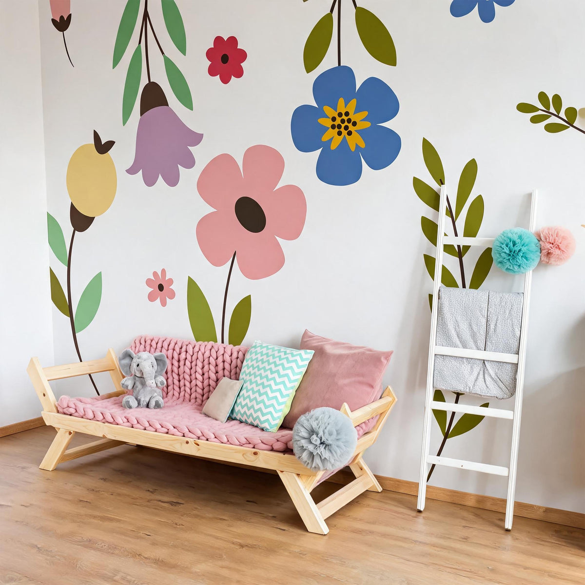 Colorful Flower Wall Decals shown in a home interior