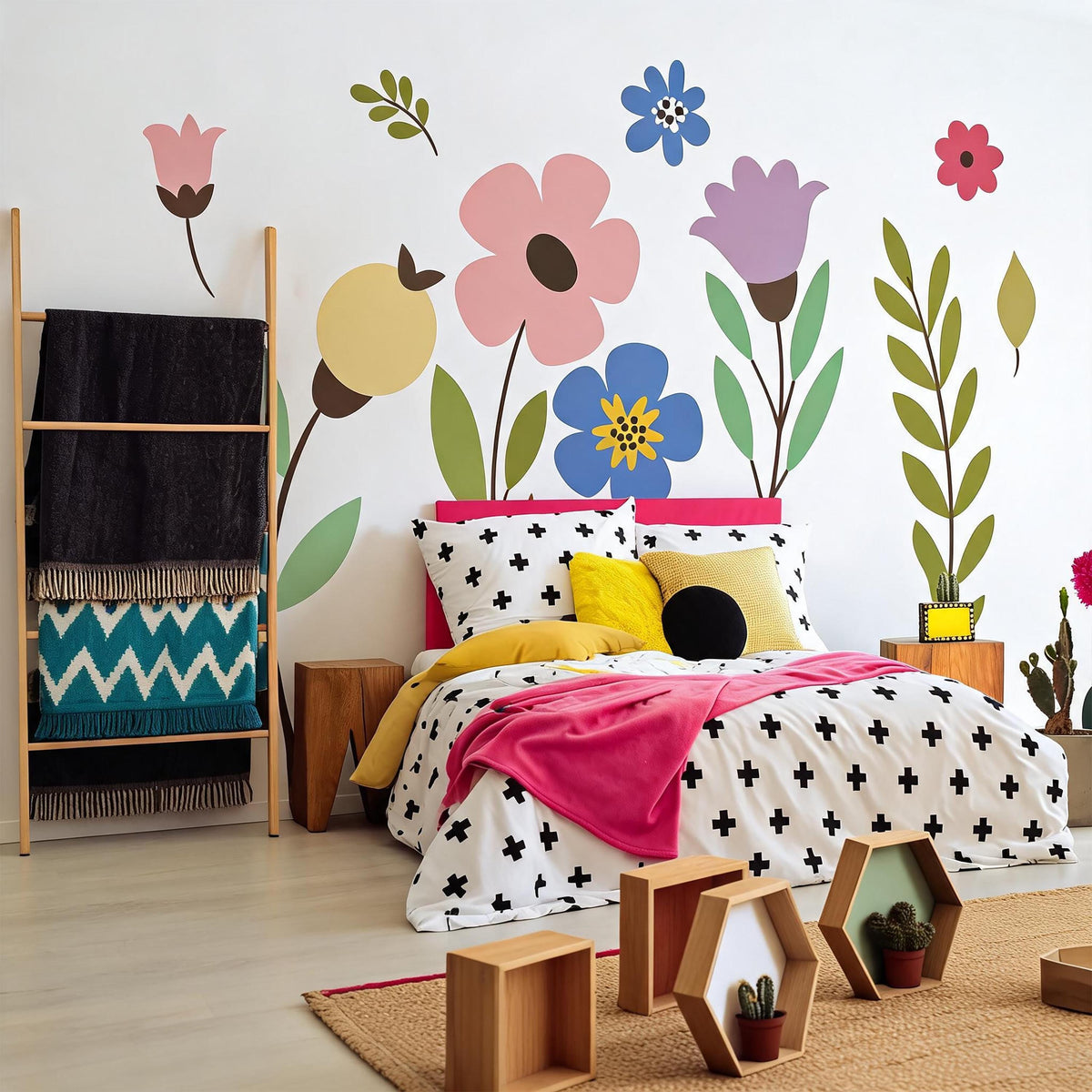 Colorful Flower Wall Decals displayed in a styled space