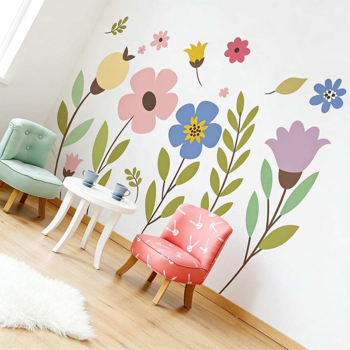 Colorful Flower Wall Decals size reference on a wall