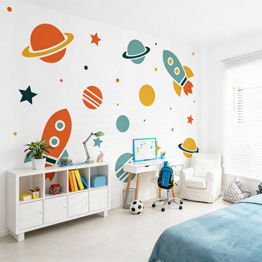 Space Wall Decals installed on a styled wall