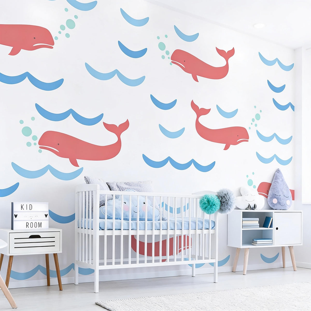 Whale Wall Decals installed on a styled wall
