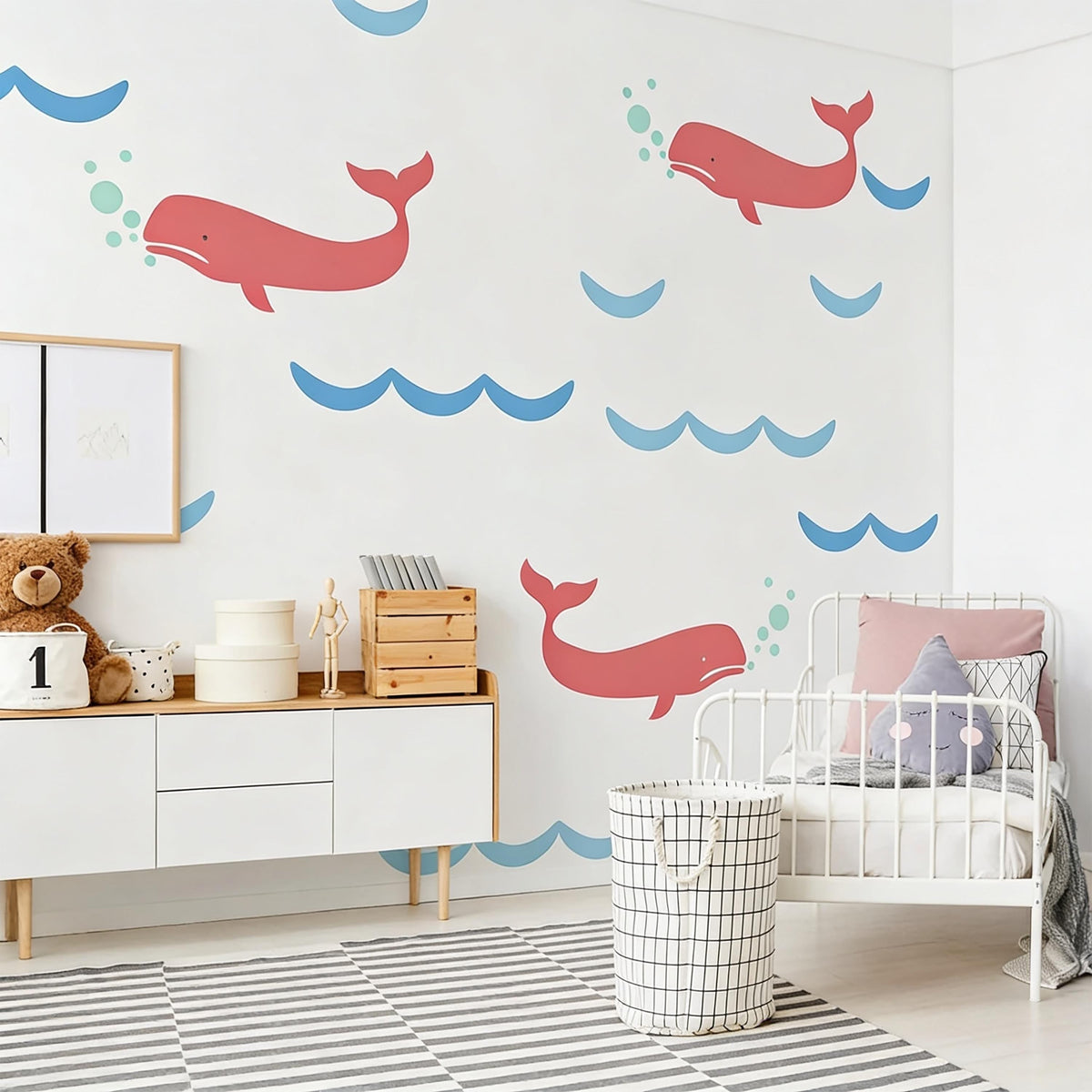 Whale Wall Decals arranged on a feature wall