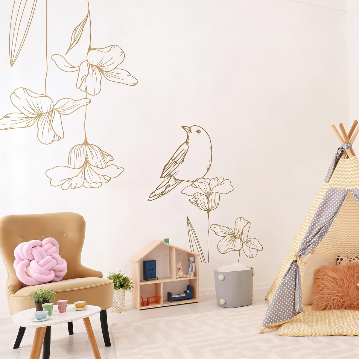 Bird and Flower Wall Decals displayed in a styled space