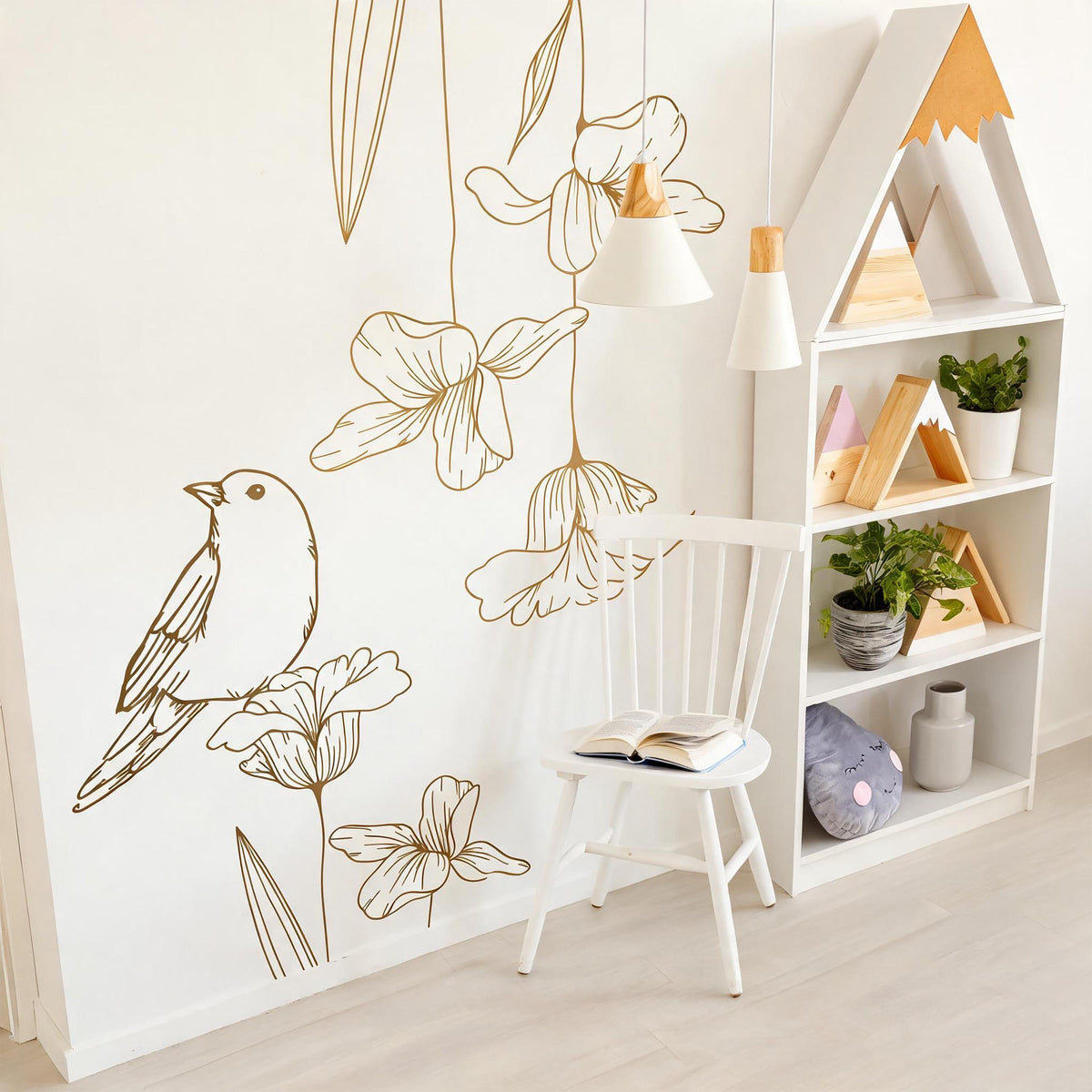 Bird and Flower Wall Decals styled on a decorated wall