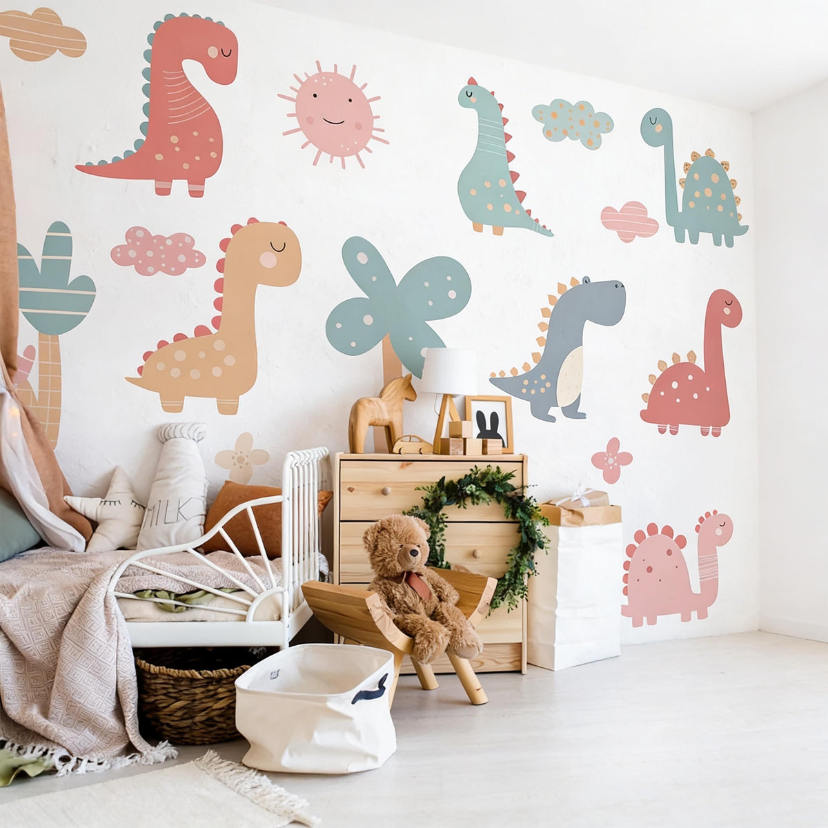 Dinosaur Wall Decals installed on a styled wall