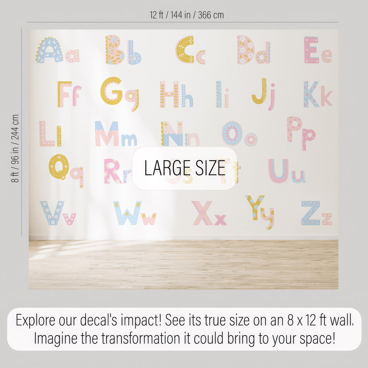 Close-up detail of floral alphabet wall decals vinyl matte vinyl finish