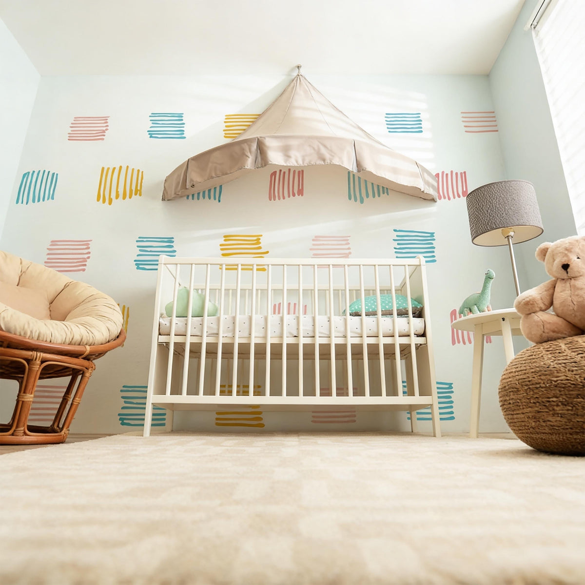 Color Block Wall Decals Vinyl arranged on a feature wall