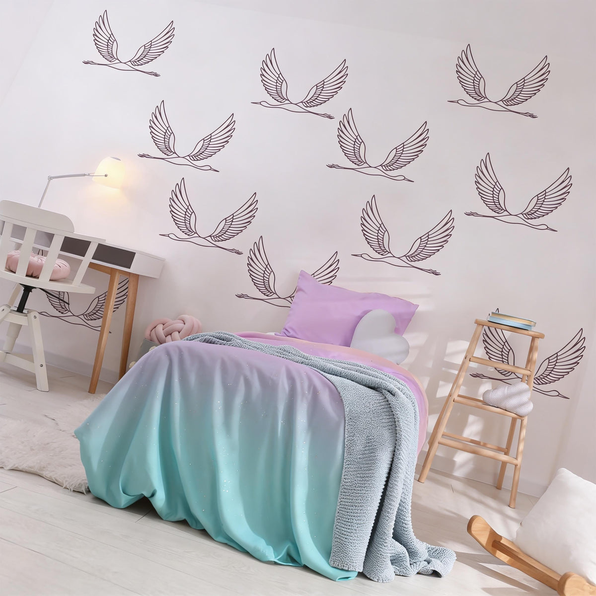 Flying Crane Wall Decals styled in a room setting