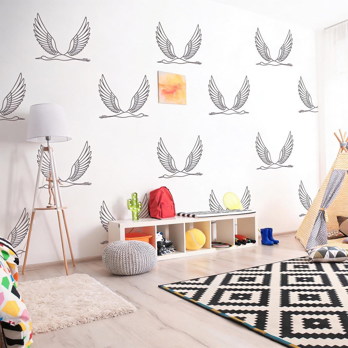 Flying Crane Wall Decals arranged on a wall