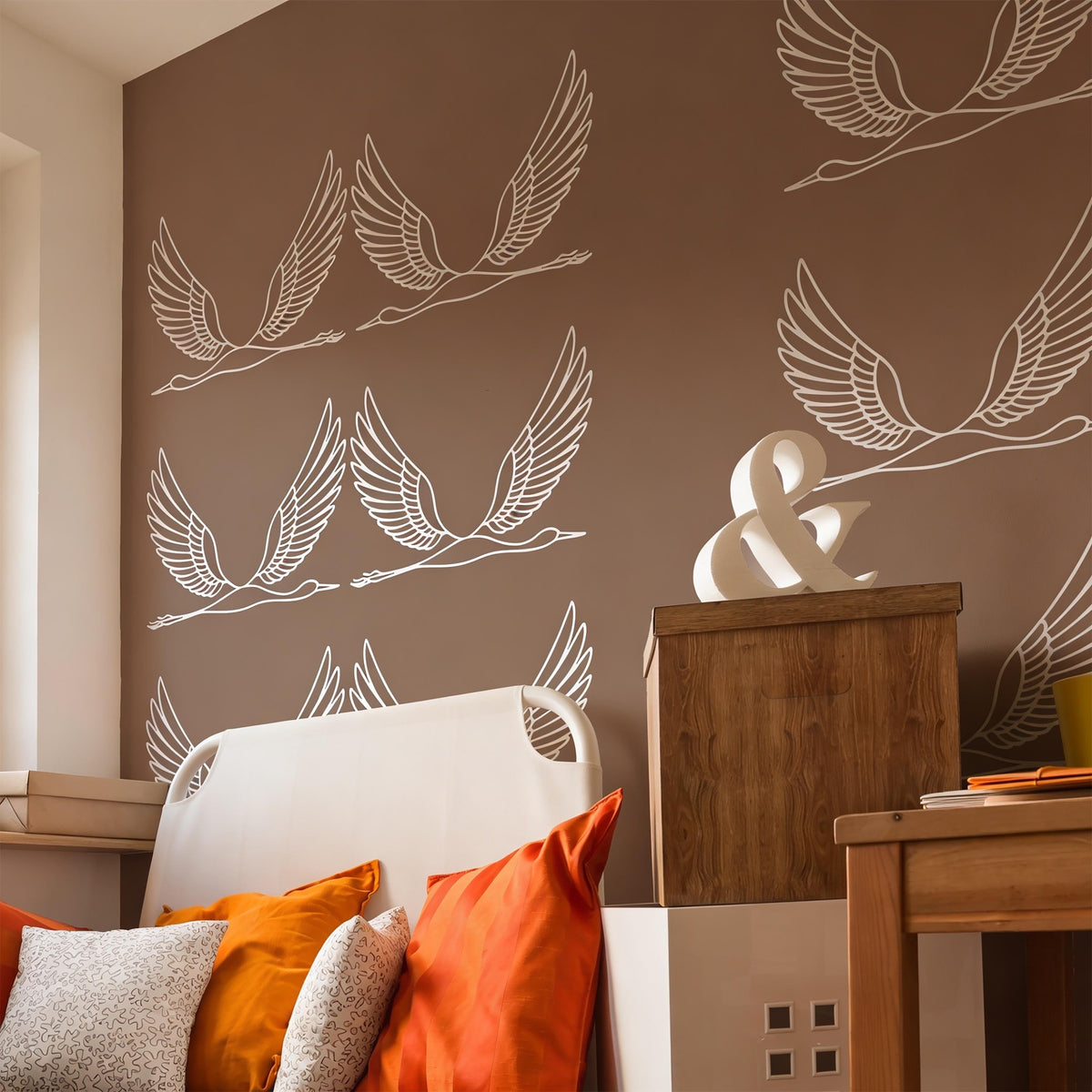 Flying Crane Wall Decals shown in a home interior