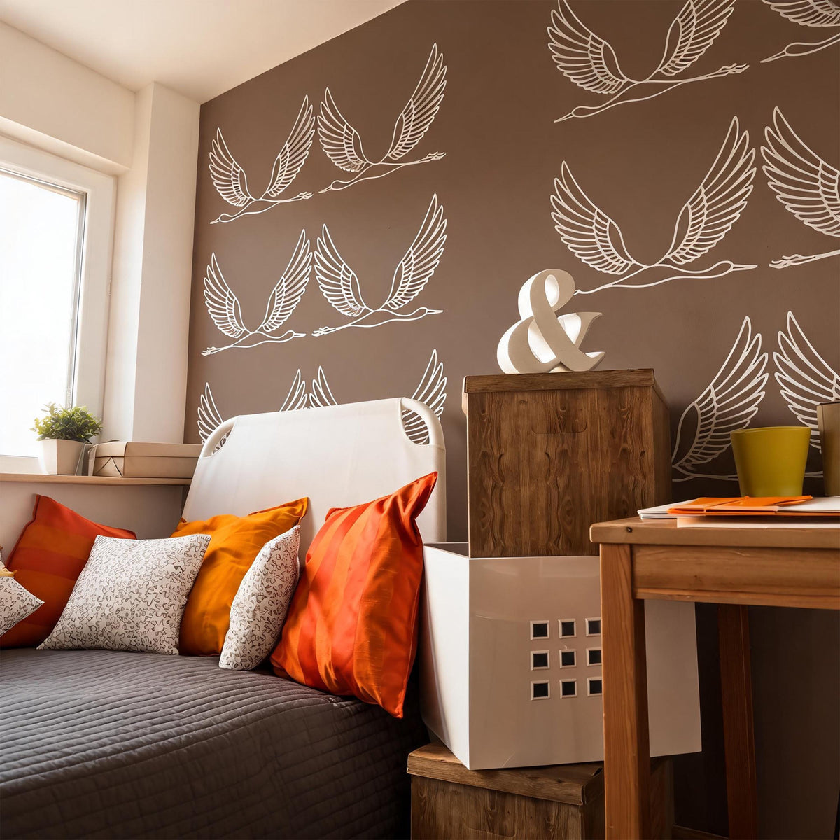 Flying Crane Wall Decals styled on a decorated wall