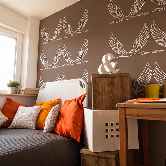 Flying Crane Wall Decals styled on a decorated wall