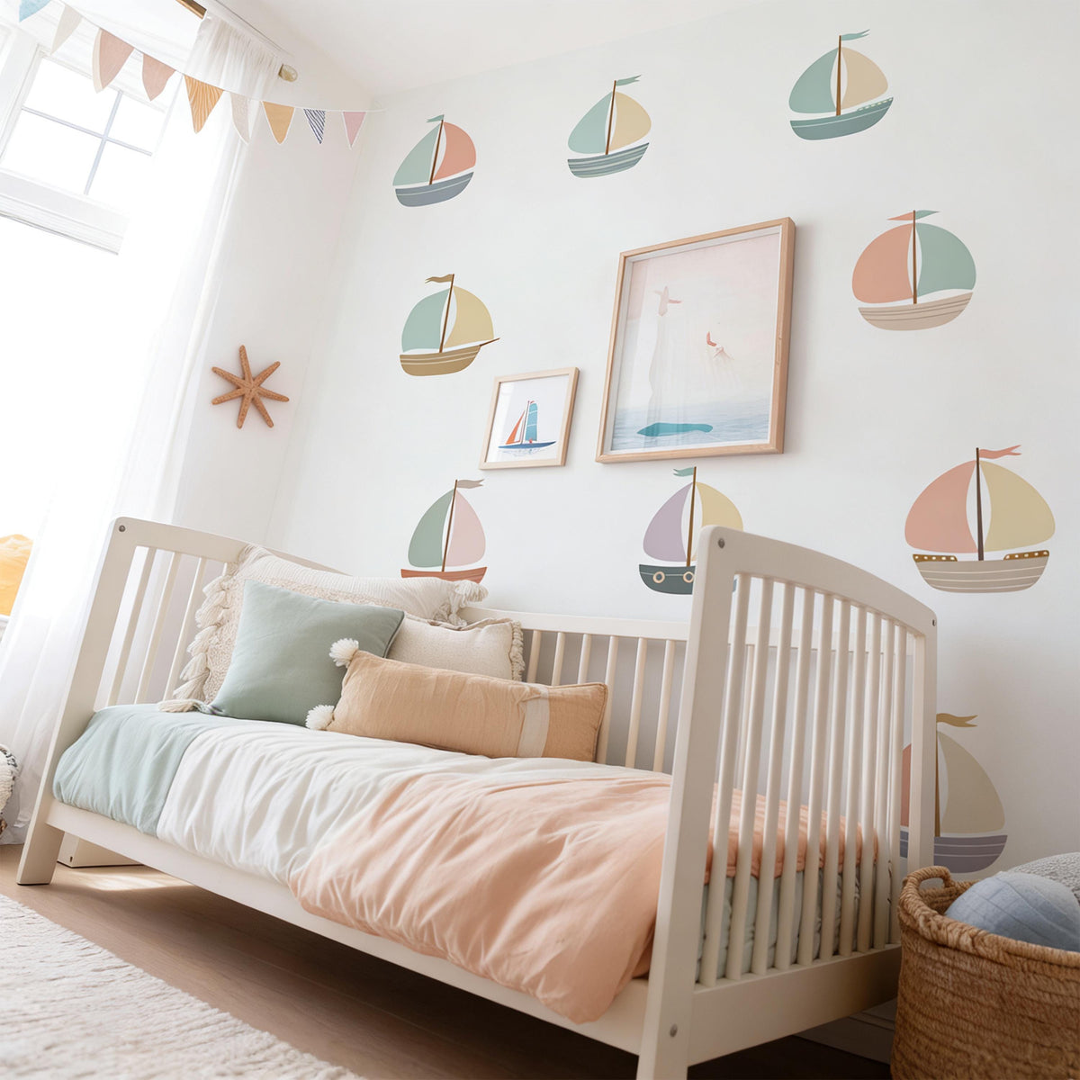Sailboat Wall Decal Set displayed in a styled space