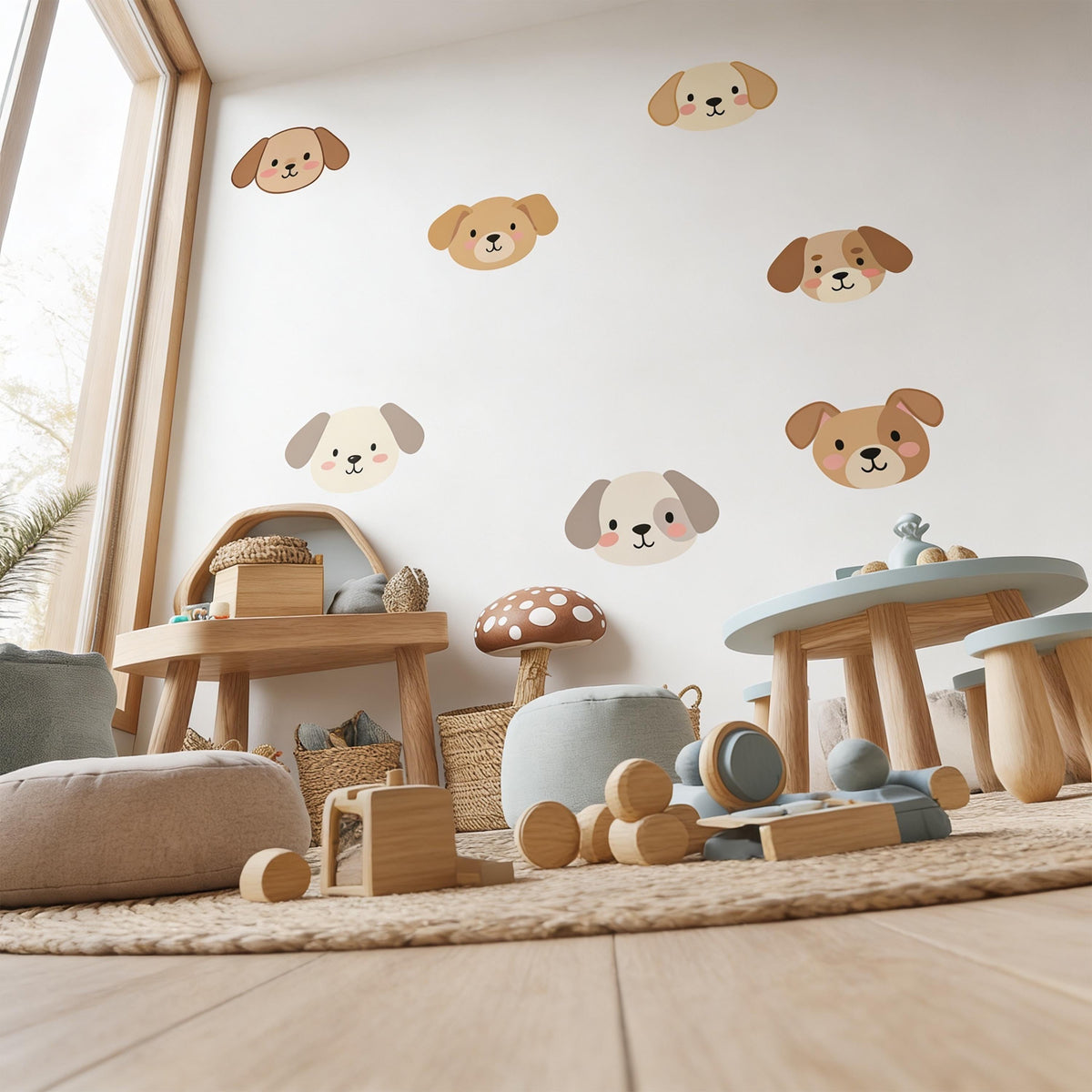 Dog Face Wall Decal Set arranged on a wall