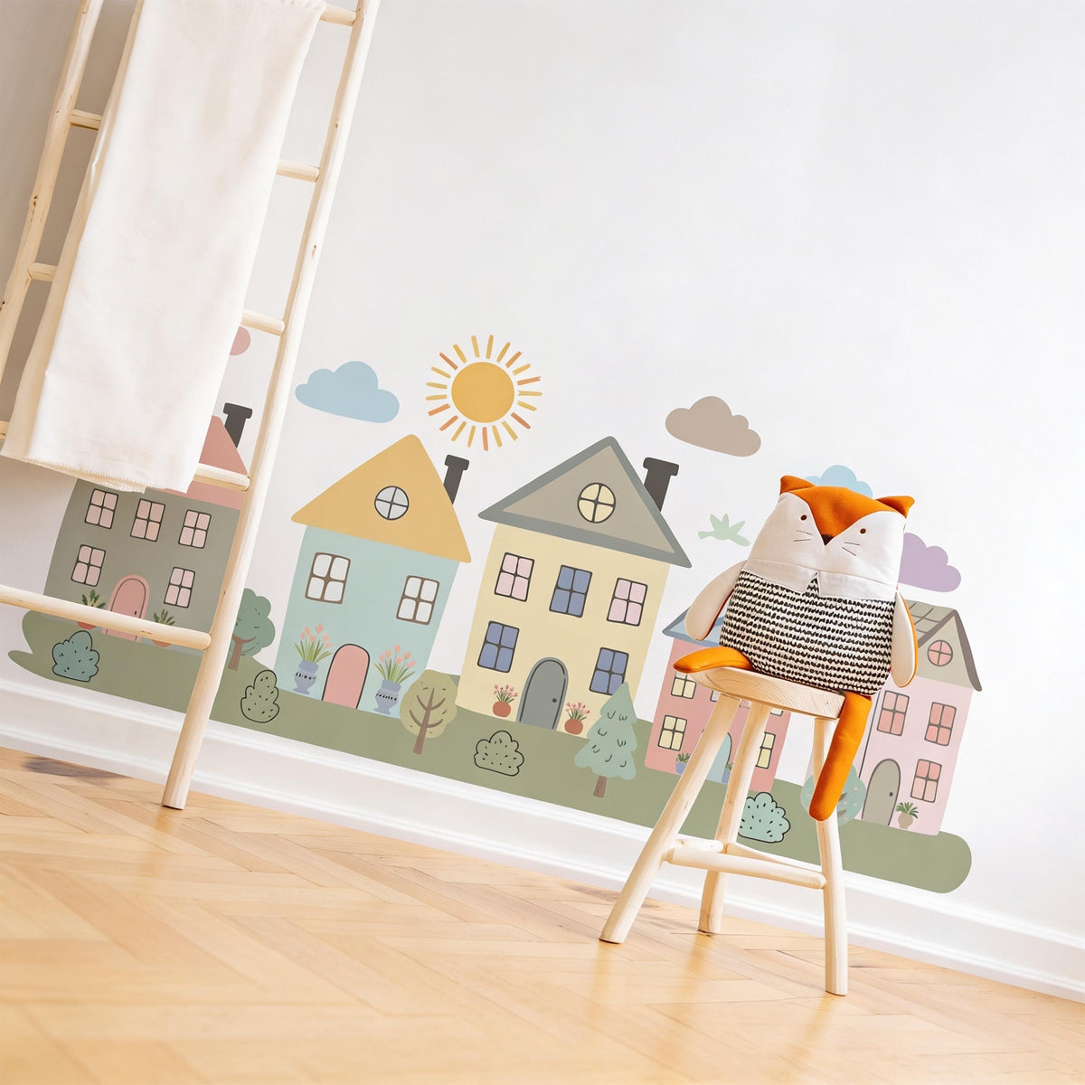 Pastel Village Wall Decal shown in a home interior