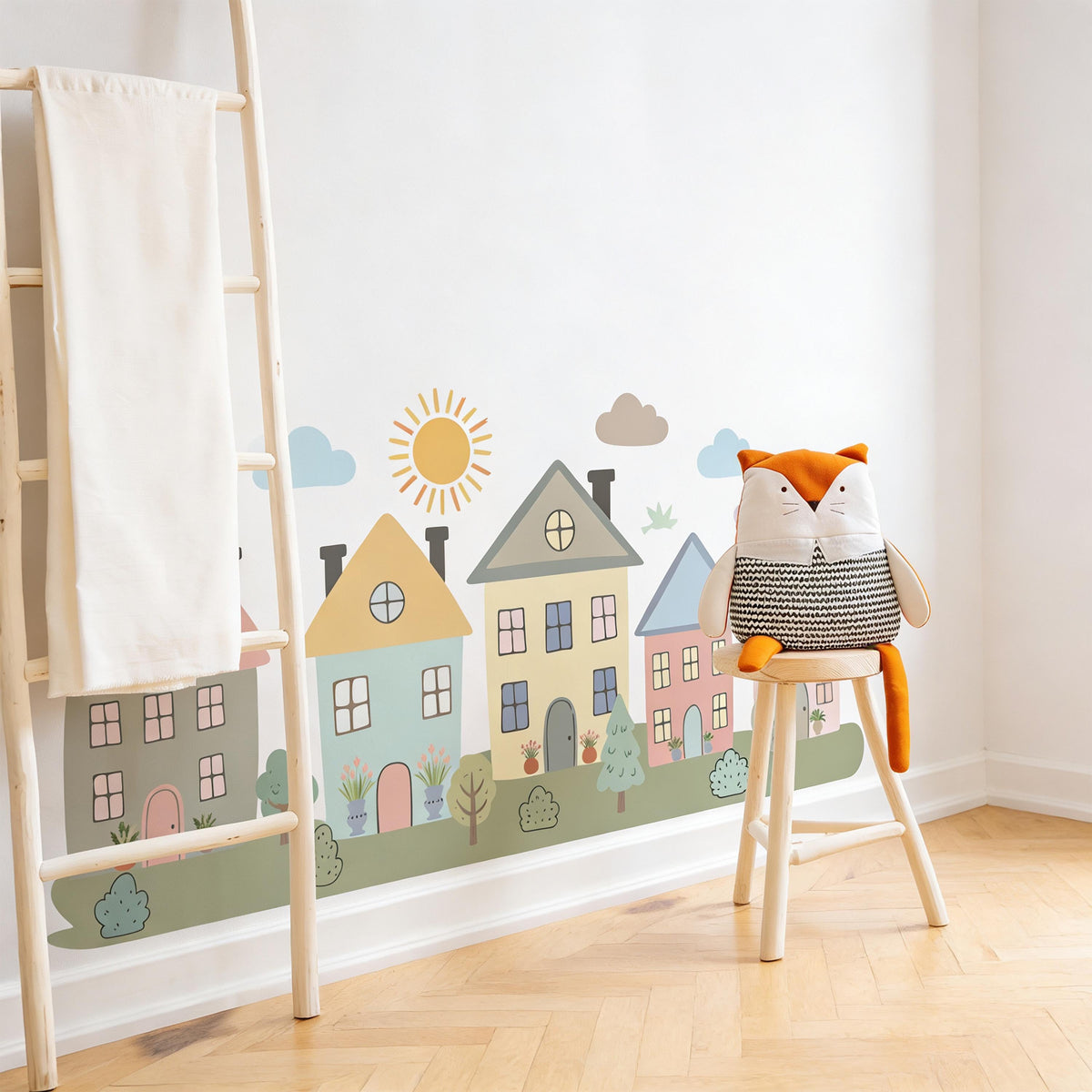 Pastel Village Wall Decal styled in a room setting