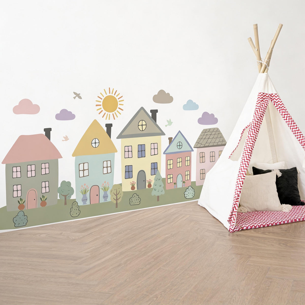 Pastel Village Wall Decal shown in a nursery setting