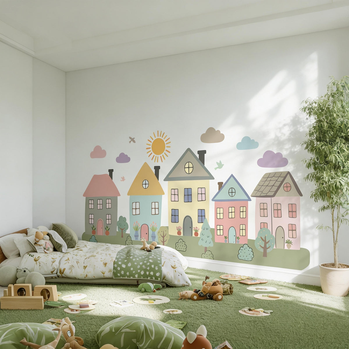 Pastel Village Wall Decal displayed in a styled space