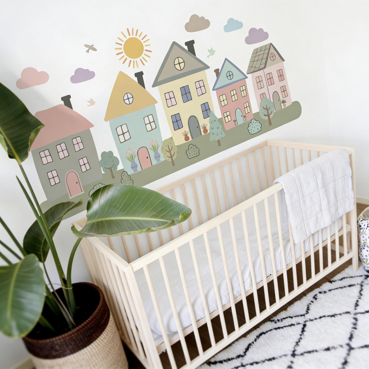Pastel Village Wall Decal on a feature wall