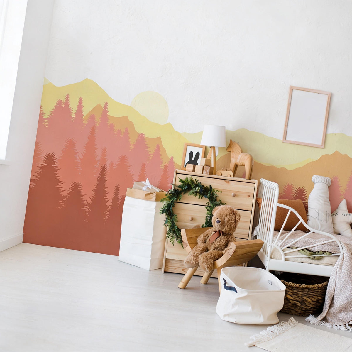 Mountain Forest Wall Mural Decal shown in a room setting