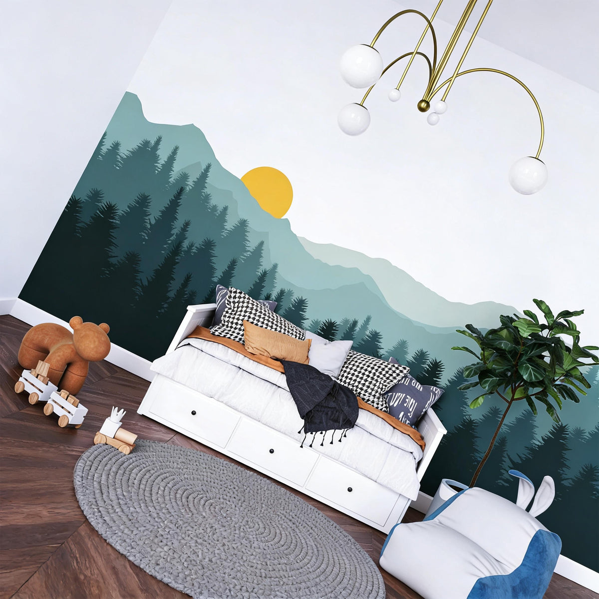 Mountain Forest Wall Mural Decal shown in a room setting