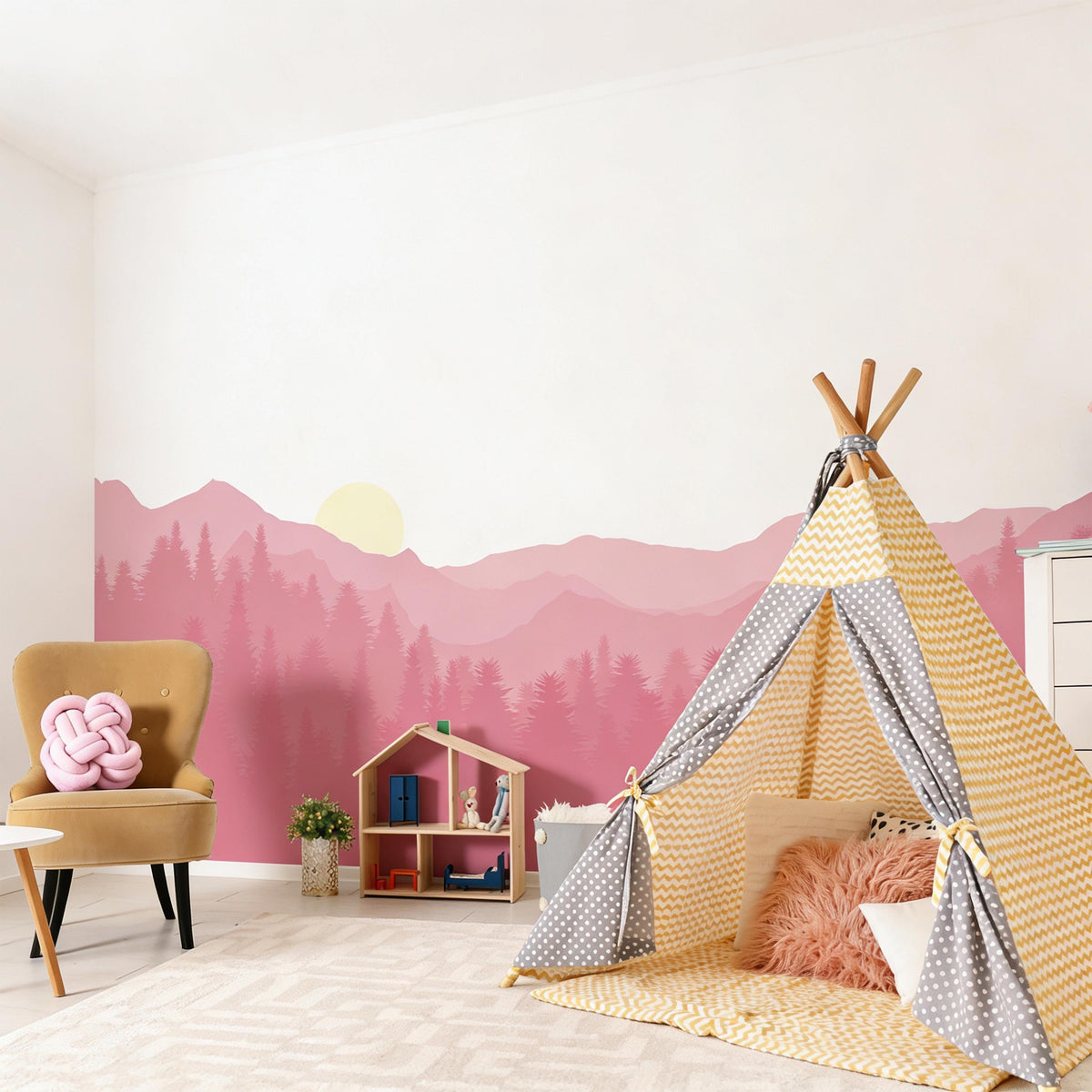 Mountain Forest Wall Mural Decal shown in a room setting