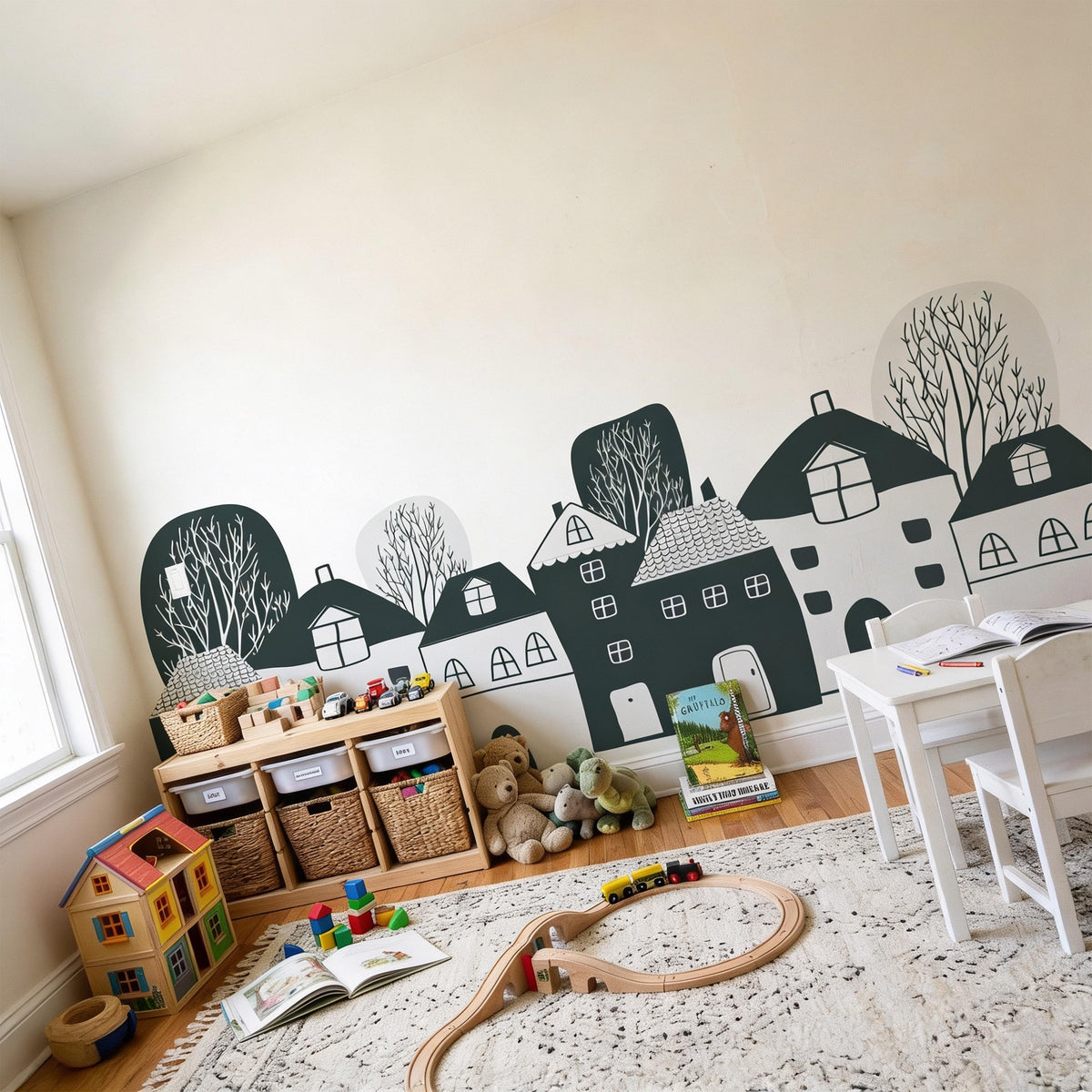 Whimsical Village Wall Mural Decal shown in a room setting