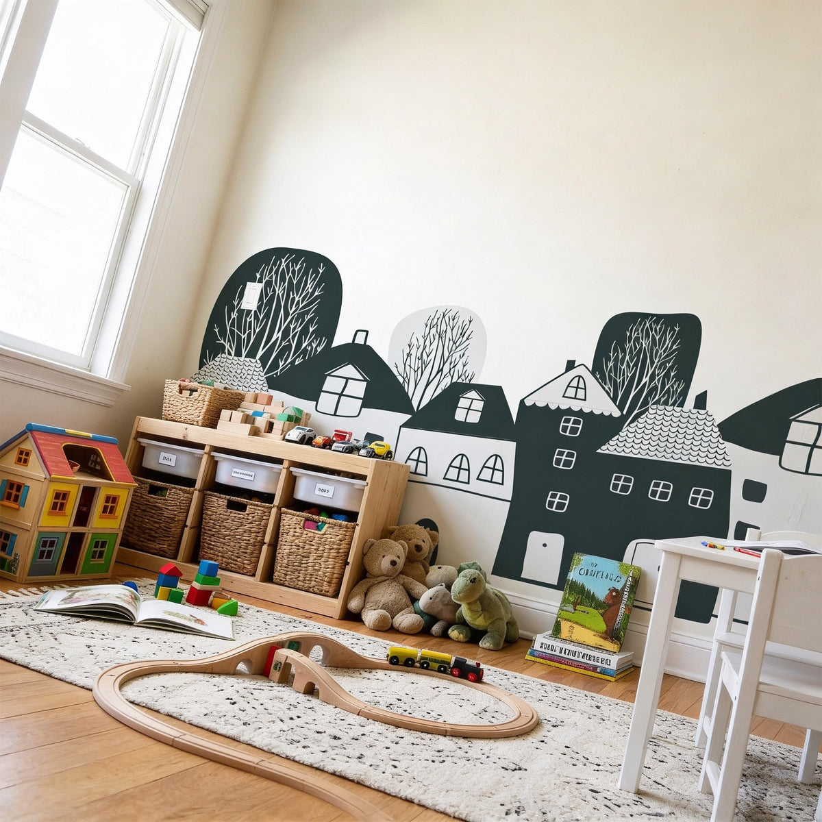 Whimsical Village Wall Mural Decal shown in a room setting