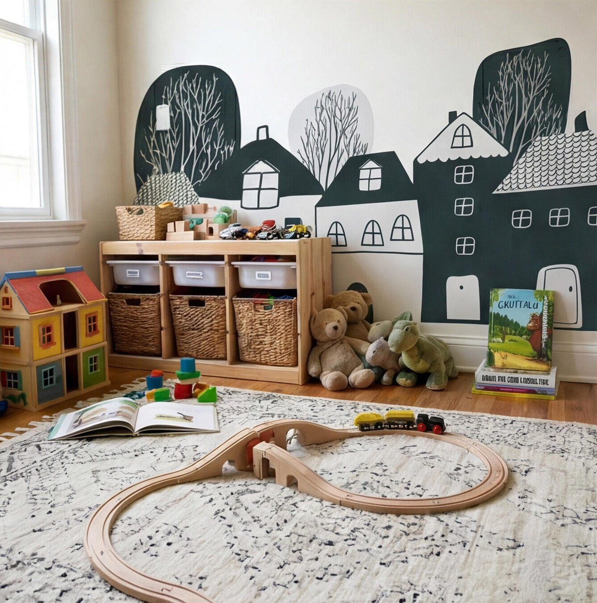 Whimsical Village Wall Mural Decal shown in a room setting