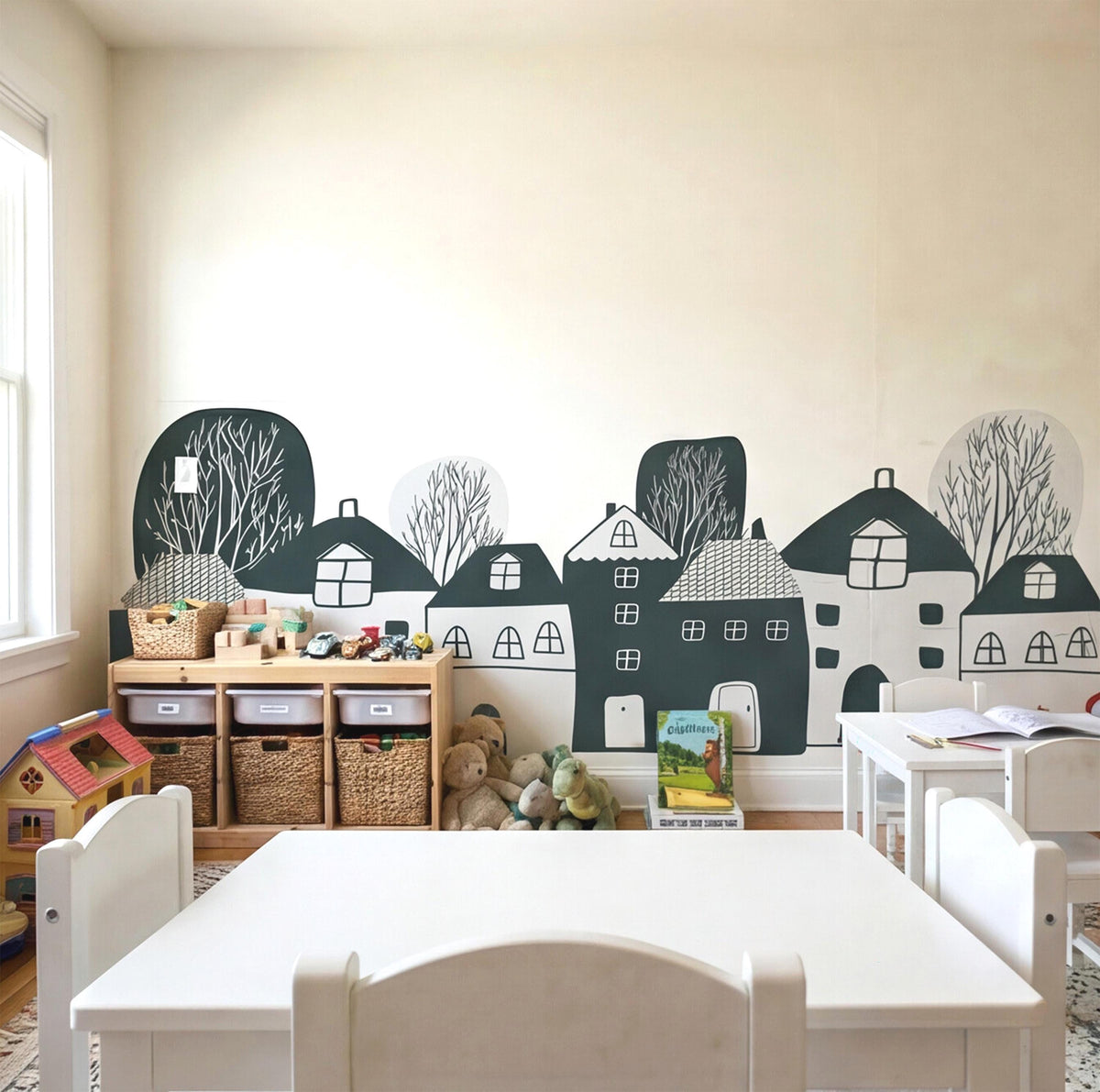 Whimsical Village Wall Mural Decal styled on a wall