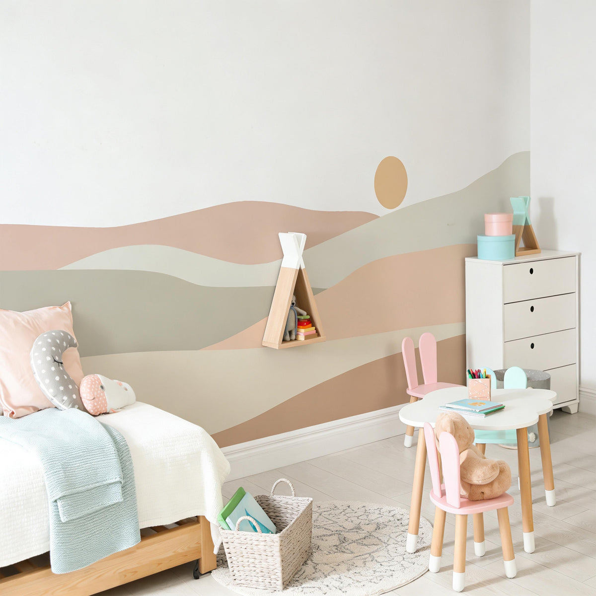 Minimalist Abstract Landscape Wall Mural Decal shown in a room setting