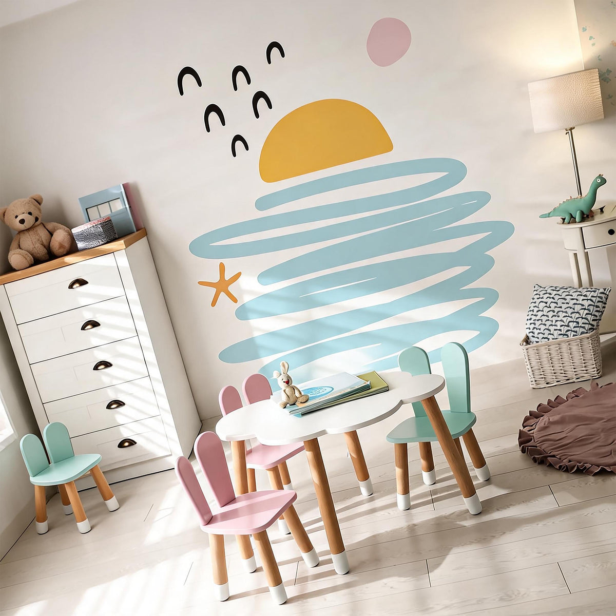 Abstract Sunset Wall Decals Vinyl displayed in a styled space