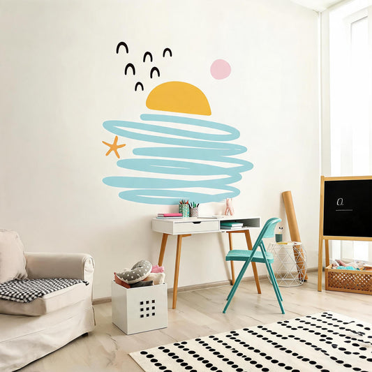 Abstract Sunset Wall Decals Vinyl installed on a styled wall