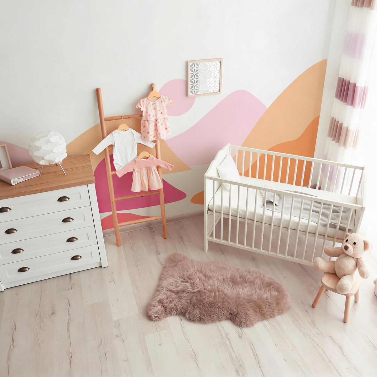 Pink Boho Mountain Wall Mural Decal shown in a room setting