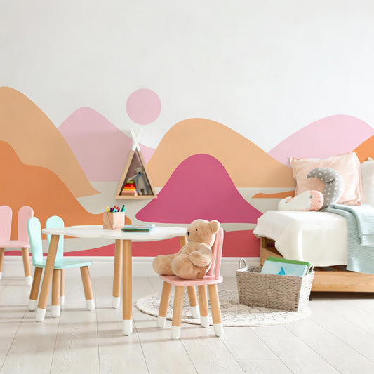 Pink Boho Mountain Wall Mural Decal styled on a wall