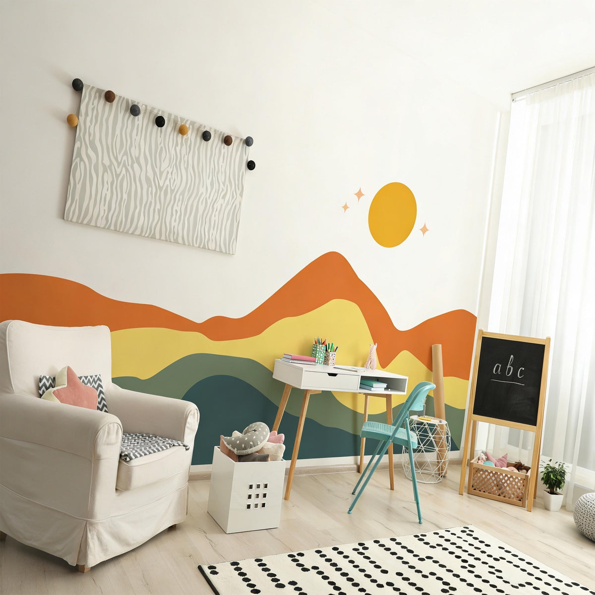 Boho Earthy Mountain Wave Wall Mural Decal styled on a wall