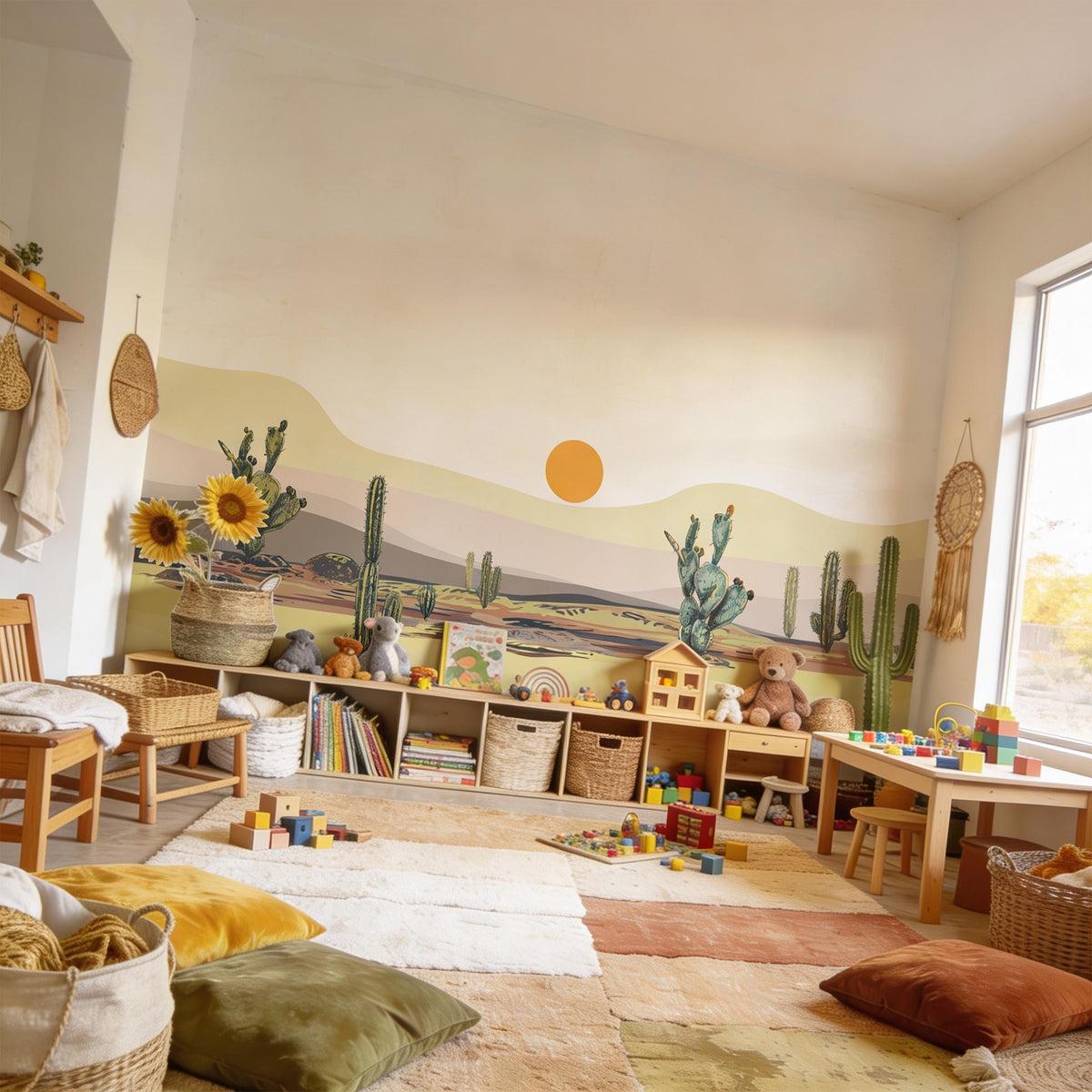 Botanical Cactus Wall Mural Decal shown in a room setting