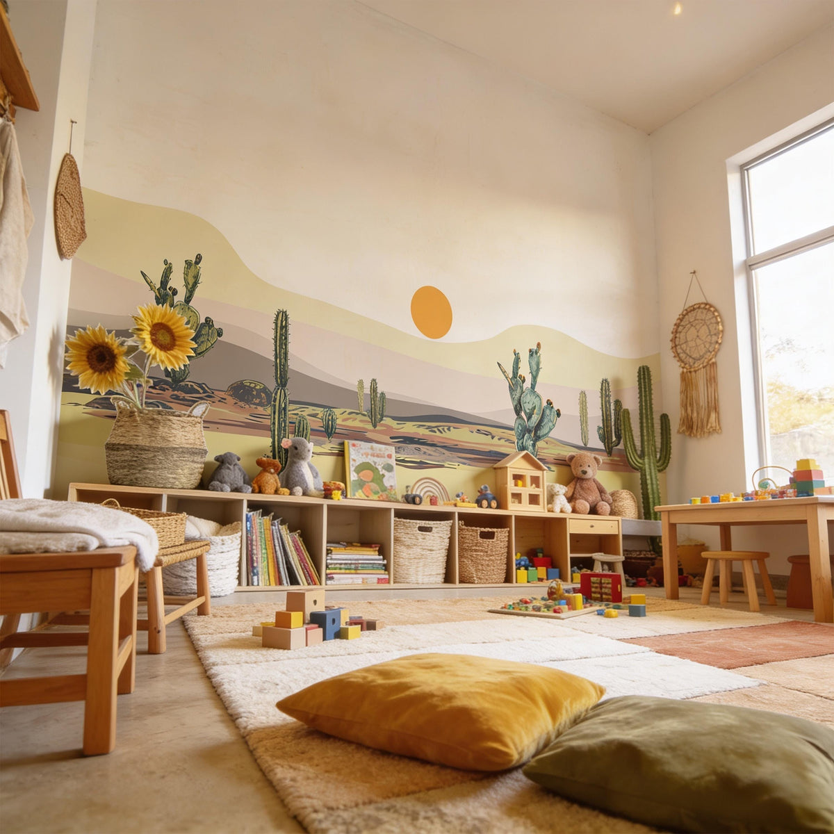 Botanical Cactus Wall Mural Decal shown in a room setting