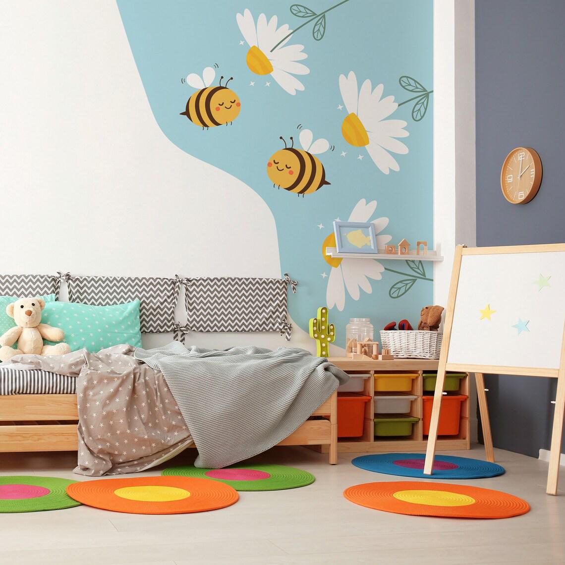 Bee Corner Wall Decal Vinyl installed on a styled wall