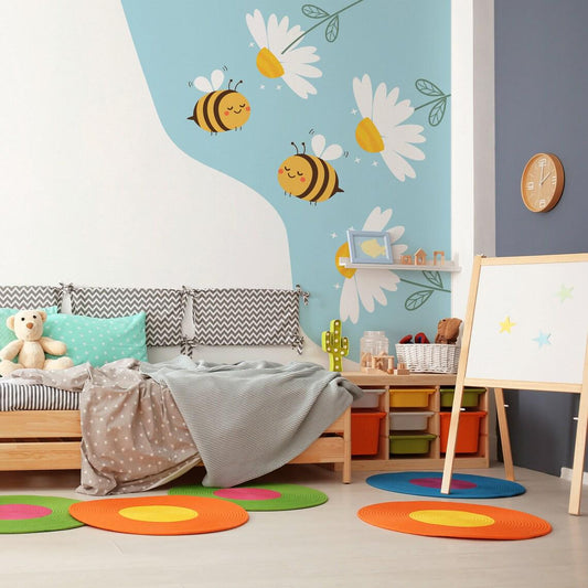 Bee Corner Wall Decal Vinyl installed on a styled wall