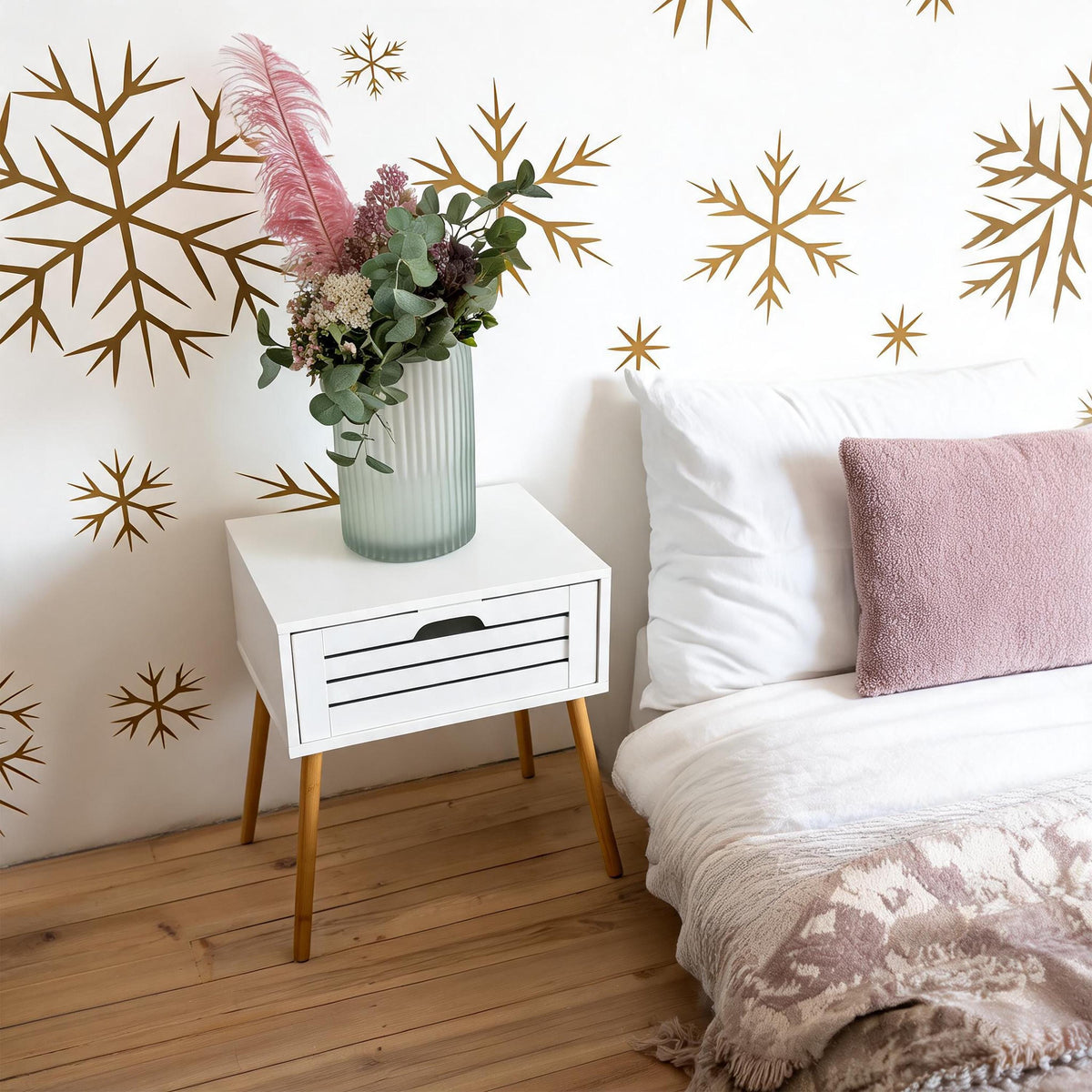 Snowflake Wall Decals Vinyl arranged on a feature wall