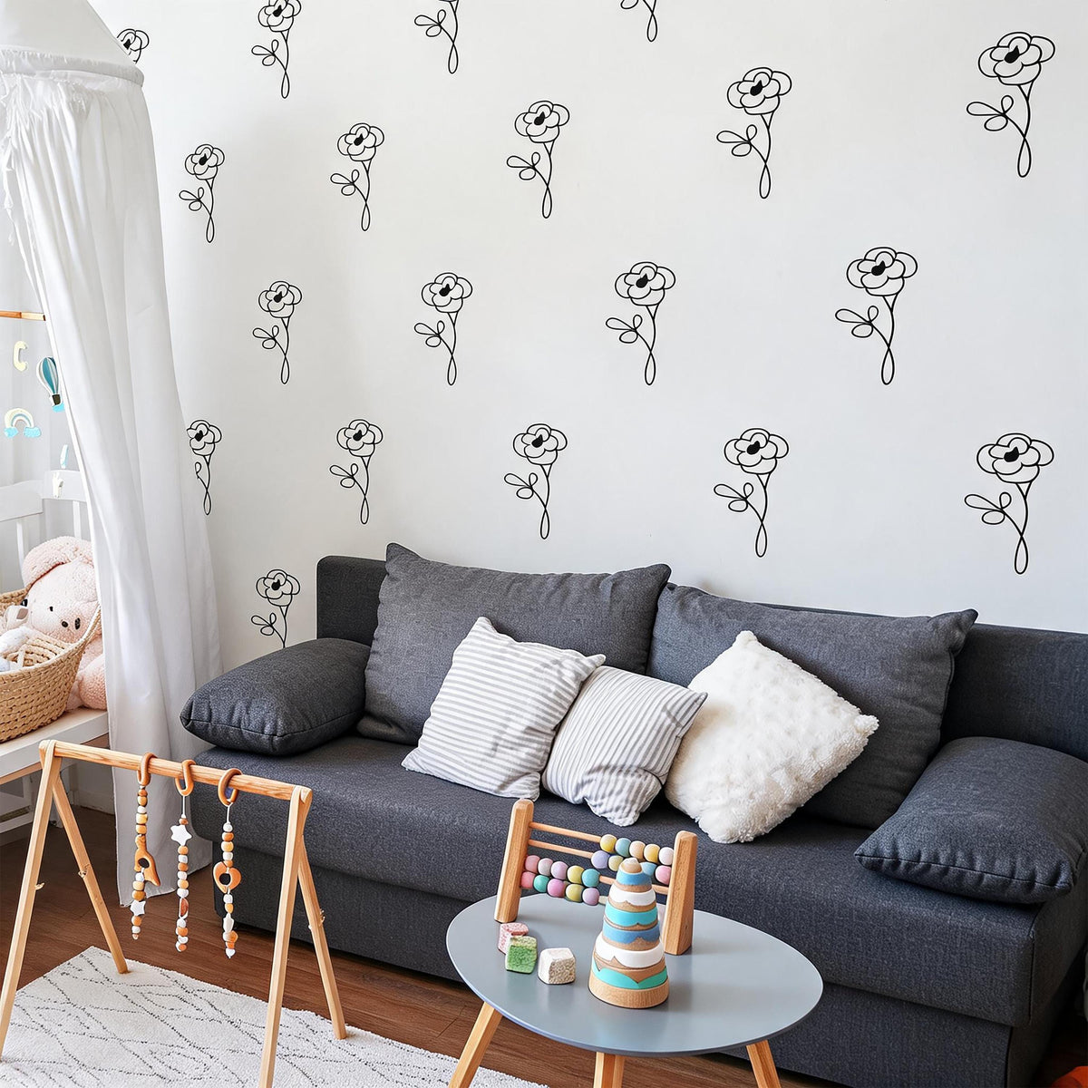 Minimal Flower Wall Decals Vinyl arranged on a feature wall
