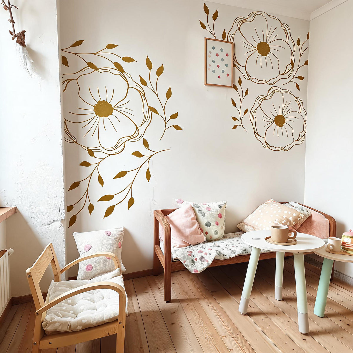 Floral Corner Wall Decals installed on a styled wall